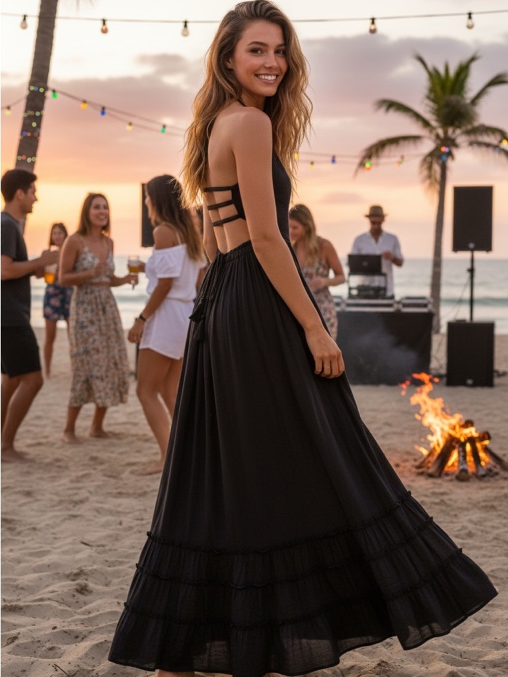 Punta Mita Smocked Black Halter Maxi Dress